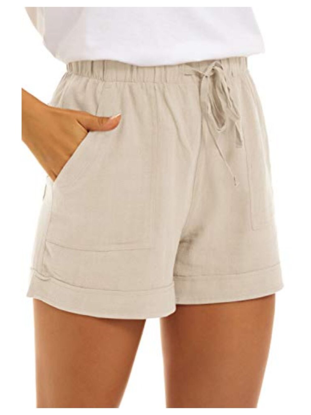 Women Drawstring Elastic Waist Casual Shorts Pockets Rayon Linen Blend